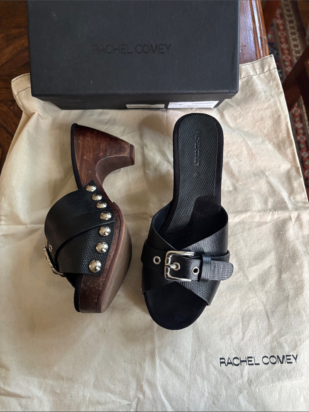 Rachel Comey Obrey Black Leather Studded Platform Buckle Mules